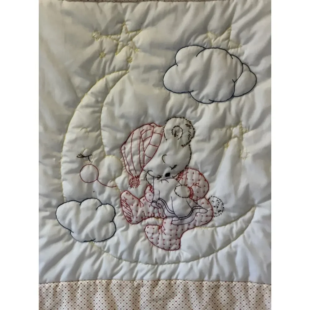Handmade Baby Quilt Embroidered Moon Teddy Hearts 34” Lap Throw Wall Hanging VTG